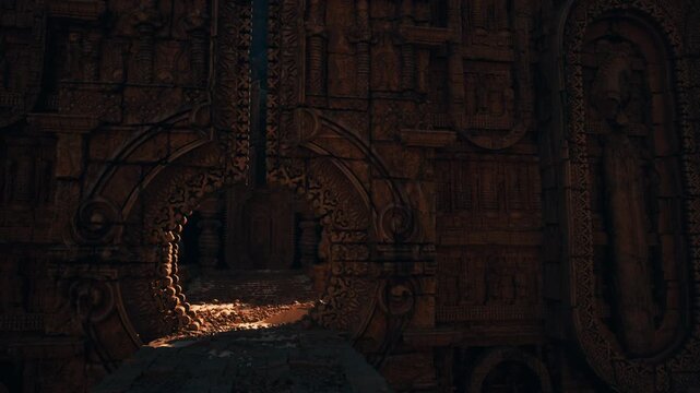 dark temple portal glowing with embers, ornate carved stone archway frames circular gateway spilling sparks and molten grains, chainsuspended mechanism