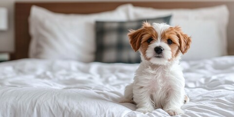A small, brown and white puppy sits on a white bedspread, looking directly at the camera.