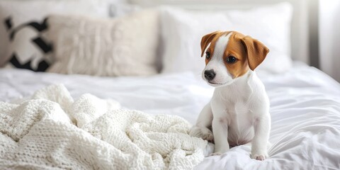 A small brown and white puppy sits on a white bedspread with a white blanket, looking up at the camera with a curious expression.