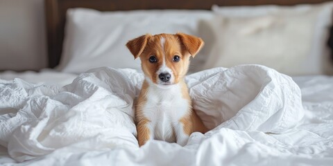 A small, brown and white puppy sits on a white blanket in a cozy bedroom setting, looking up at the camera with a curious expression.