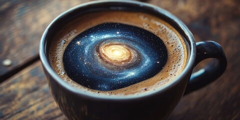 A cup of coffee with a galaxy image on the surface, placed on a wooden table with a dark background.
