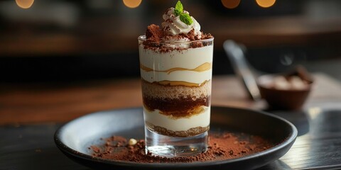 A layered dessert with layers of caramel, cream, and chocolate, garnished with whipped cream and a mint leaf, served in a shot glass on a black plate with a dark background.