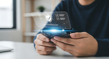 Person using smartphone with digital security interface icons