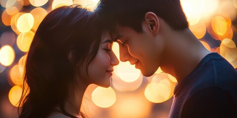 A couple embracing, with a blurred background of lights, possibly at night, with a warm, golden hue, suggesting a romantic or intimate moment.