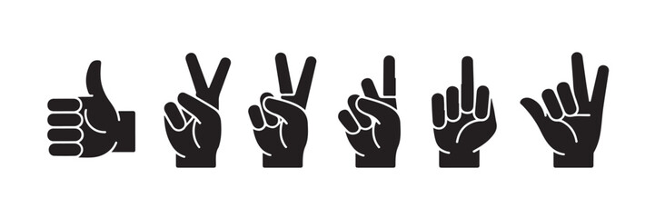 Obraz premium Set of six hand gestures including thumbs up victory sign pointer finger middle finger and rock on symbol representing various non verbal communications