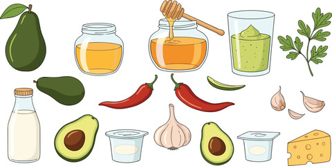 Healthy food ingredients illustration set with avocado honey milk chili garlic herbs smoothie and dairy elements © Kharshad Creative
