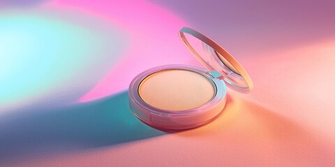 A compact powder with a mirror lid, placed on a gradient background with neon colors, casting a shadow on the surface.