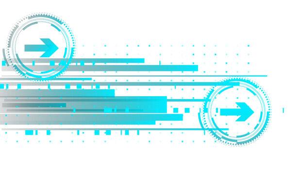Abstract digital technology background with flowing lines, dots, and two circular interfaces featuring forwardpointing arrows for data and progress.