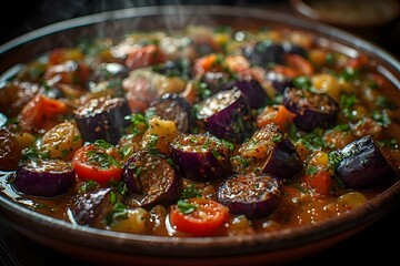 bowl of moroccan zaalouk with eggplant and tomatoes