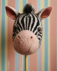 Fototapeta premium closeup of a handmade zebra head toy on a stick against a pastel striped wall.