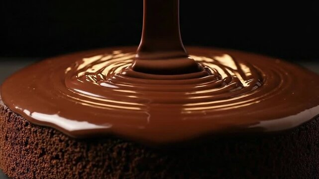Decadent chocolate ganache pour over rich cake captured in slow motion