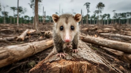 Obraz premium Opossum Standing on Fallen Log in Forest Clearing Surrounded by Trees and Stumps