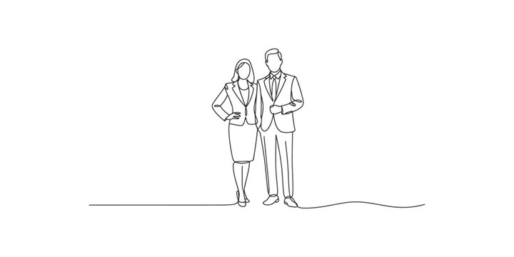 Single continuous line art drawing of a man and woman standing together in business suits
