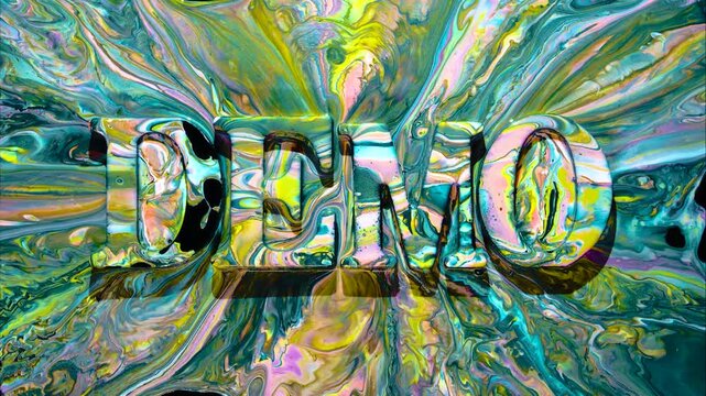 Demo logo liquid reveal with swirling green marbling used in title test by motion designer during brand