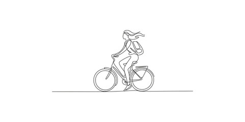 Single line art illustration of woman with backpack riding a bicycle on white background © SR