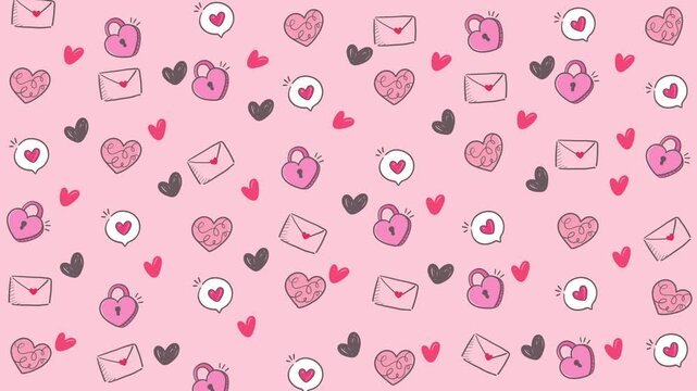 Pink pattern of hearts locks and letters, ideal for valentines day cards, gift wraps, and romanticthemed designs for various products.