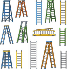 Colorful vector collection of various step ladders extension ladders and folding ladders for construction and home use।