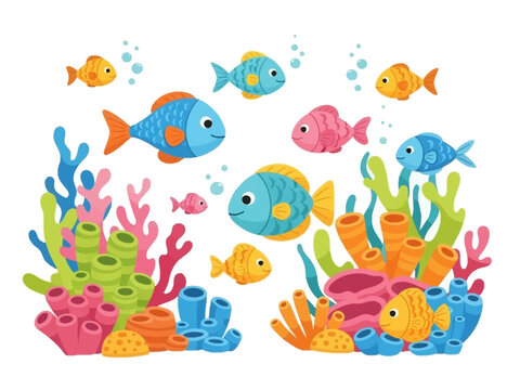 Colorful Cartoon Fish Swimming in Ocean.