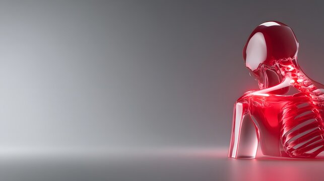 A skeleton is sitting on a table with a red glow surrounding it