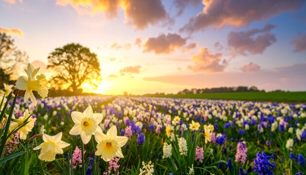 Golden Sunset Over Daffodil Field, Warm Light Illuminates Blooming Spring Flowers