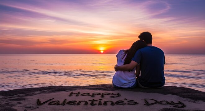 Romantic valentine's day beach scene with loving couple watching sunset
