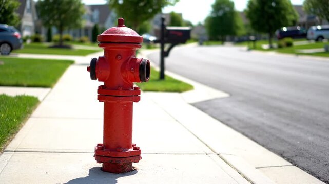 Vivid urban scene featuring a red fire hydrant on a sunny sidewalk with lush greenery and street traffic