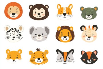 Fototapeta premium Cute cartoon animal faces collection featuring lion, tiger, bear, fox, and more from wildlife settings