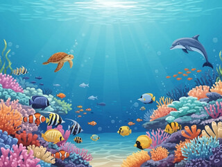Underwater Scene with Dolphin and Fish. © Afif