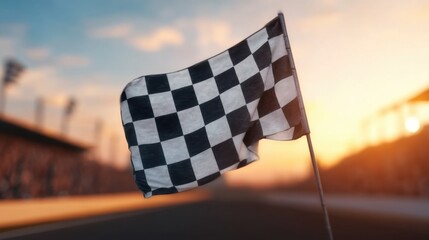 Checkered Flag Waving in the Wind at Sunset Near a Race Track Highlighting Competitive Spirit and Racing Culture