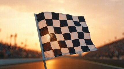 Vibrant Checkered Flag Waving at Sunset in Racing Environment, Symbolizing Victory and Competition