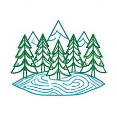 Obraz premium Line art forest trees on wavy water reflection minimalist nature illustration green blue