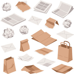 Isometric vector illustrations of crumpled paper waste envelopes brown paper bags and newspapers for recycling concept।