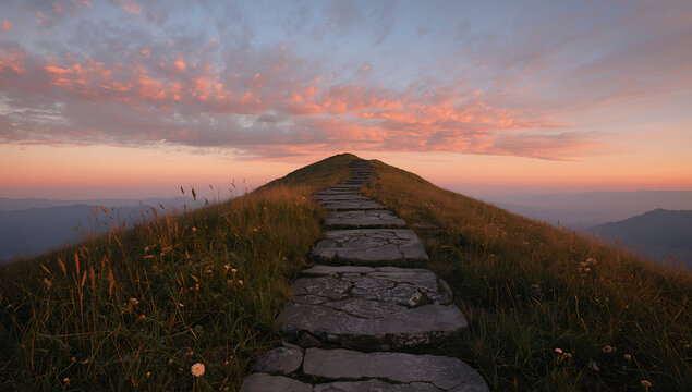 Scenic Mountain Pathway at Sunset with Pink and Orange Cloudscape and Rolling Hills