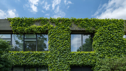 Modern Building Covered in Green Vines with Large Windows Under Blue Sky