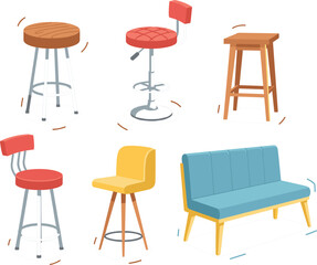 Colorful vector collection of modern bar stools wooden chairs and upholstered sofa for interior design।