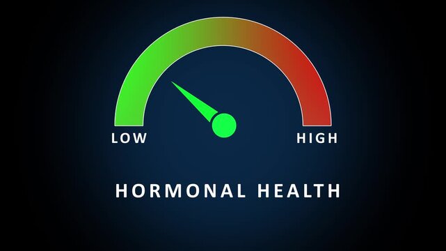 A semi-circular gauge with a color gradient from green to red a needle pointing to the low end, with the text HORMONALHEALTH displayed below on a dark, subtly lit background