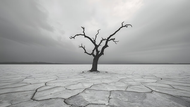 Desolate Dead Tree Standing Alone in Cracked Dry Land Under Dark Cloudy Sky
