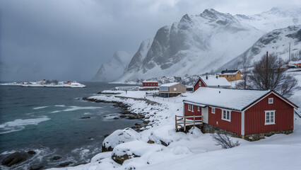Heavy snowfall on the fishing village and the icy sea, Nusfjord, Lofoten Islands, Arctic
