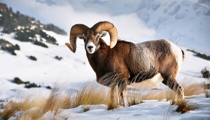 Naklejka premium Majestic Ram With Large Horns In A Snowy Landscape Generative Ai