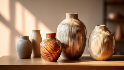 Ceramic Vases With Textured Glazes In Warm Natural Light