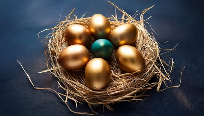Fototapeta premium Golden Eggs Arranged On Straw With One Uniquely Designed Egg Among Them During A Festive Celebration