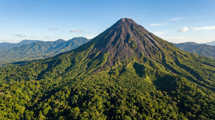 Fototapeta premium A towering volcano rises above a lush forest in a vibrant nature landscape on planet Earth.