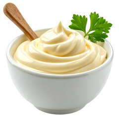 A swirl of creamy, pale yellow condiment in a white bowl, garnished with parsley