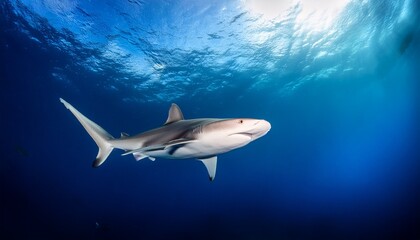 Obraz premium A Solitary Hammerhead Shark Swimming Gracefully Through The Deep Dark Blue Ocean