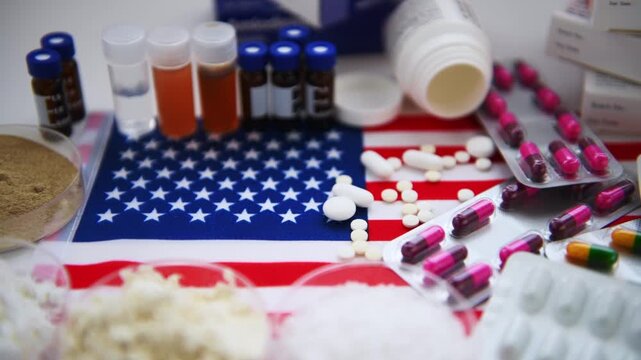 A macro pan footage of medicine ingredients and various loose and packaged medicine on the flag of America. An American pharmaceuticals concept.