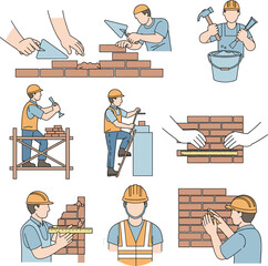 Professional vector illustrations of masons laying bricks building walls and using construction tools for masonry work।