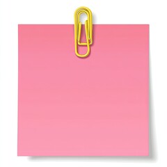 Pink square sticky note with a yellow paperclip, slight shadow, isolated on white
