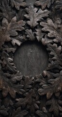 Carved wood leaves surround a dark central space, suggesting a wreath or natural frame
