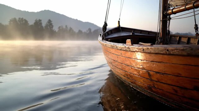 Ancient Viking Longship Sailing on Misty Lake Surrounded by Mountain Landscape with Golden Light
