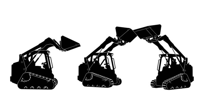 Three excavators with varying arm positions on white background, viewed from front